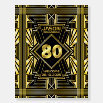 80th Birthday Art Deco Great Gatsby Welcome Gold Foam Board by BCVintageLove at Zazzle