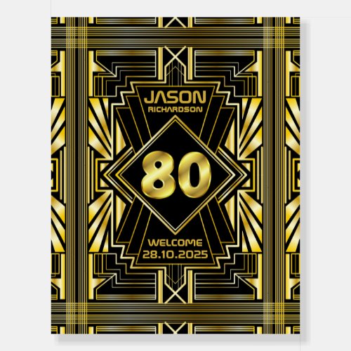 80th Birthday Art Deco Great Gatsby Welcome Gold Foam Board