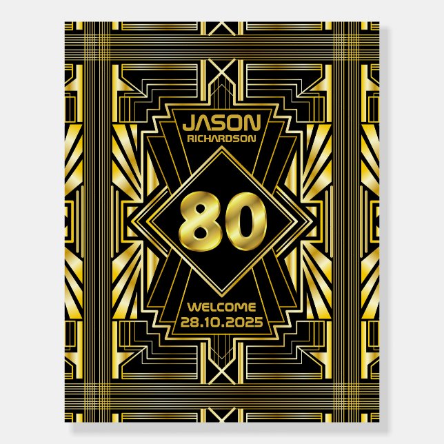 80th Birthday Art Deco Great Gatsby Welcome Gold Foam Board (Front)