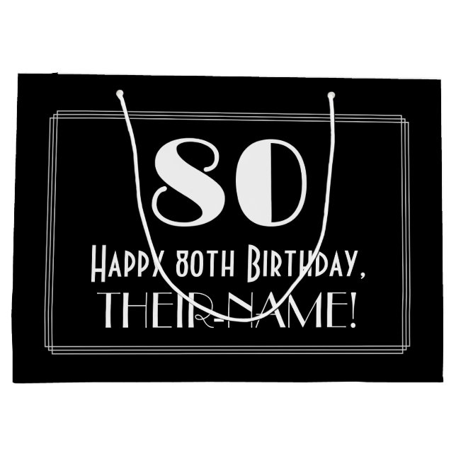 80th Birthday: Art Deco Inspired Style "80", Name Large Gift Bag (Back)