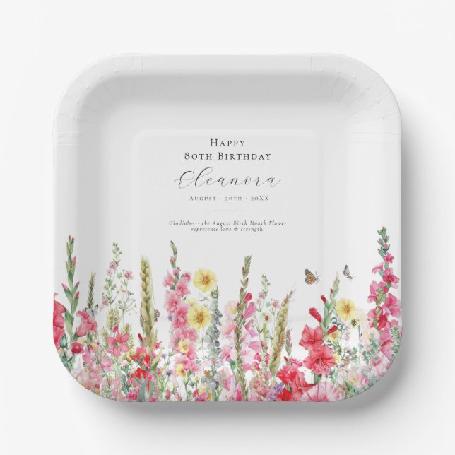 80th Birthday August Birth Flower Party Supplies Paper Plates (Front)