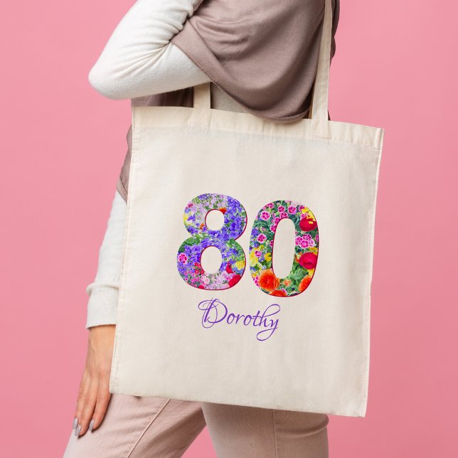 80th Birthday Aunt Gift – Floral Name 80 Years Tote Bag (Creator Uploaded)