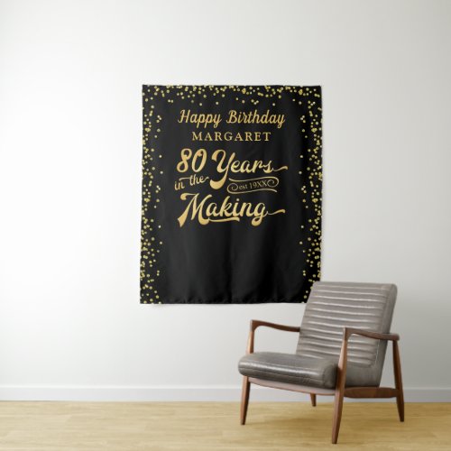 80th Birthday Backdrop Black Gold Confetti