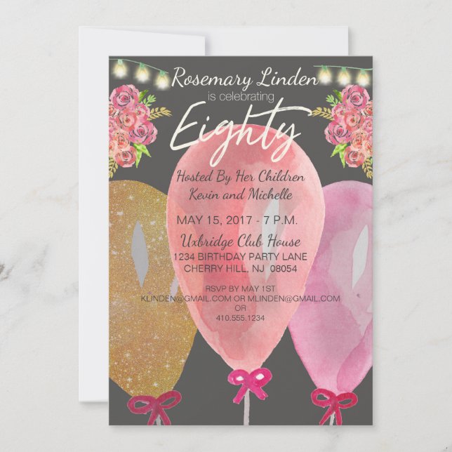 80th Birthday Balloons Flowers and Lights Invite (Front)