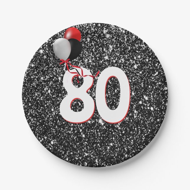 80th Birthday Balloons on Black Glitter Paper Plates (Front)