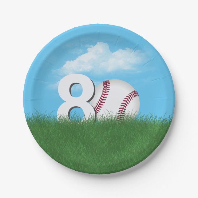 80th Birthday Baseball In Green Grass Paper Plates (Front)