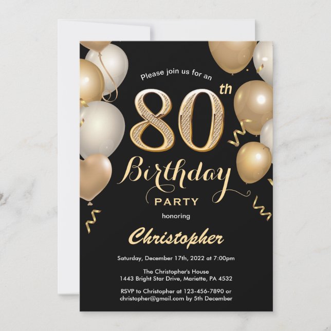 80th Birthday Black and Gold Balloons Confetti Invitation (Front)