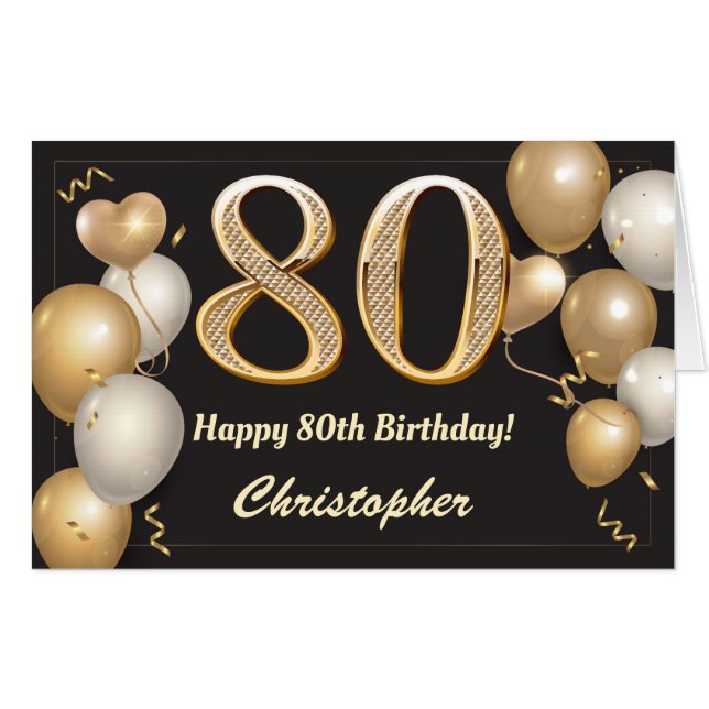 80th Birthday Black and Gold Balloons Extra Large Card (Front Horizontal)