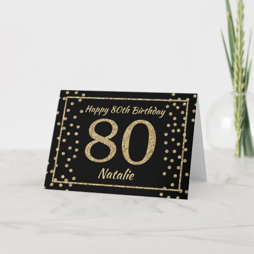 80th Birthday Black and Gold Glitter Confetti Card