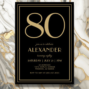 80th Birthday Black and Gold Modern Minimal Adult Invitation