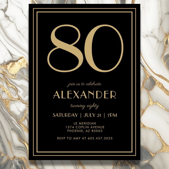 80th Birthday Black and Gold Modern Minimal Adult Invitation (Elegant black and gold 80th birthday invitation design for him or her.)