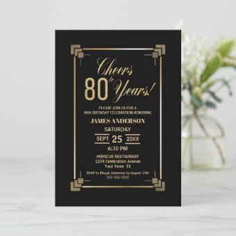 80th Birthday Black and Gold Party Invitation | Zazzle