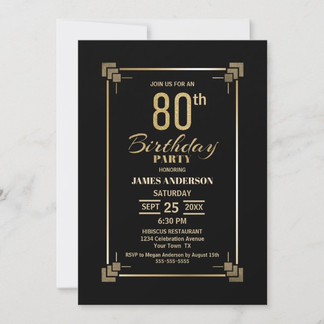 80th Birthday Black and Gold Party Invitation (Front)