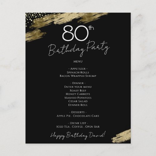 80th Birthday Black and Gold Party Menu Flyer