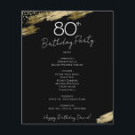 80th Birthday Black and Gold Party Menu Flyer<br><div class="desc">Menu. Script font highlights with easy to read serif name font. Make your own menu,  use your own text to create an elegant yet cheap and affordable event menu. Easy to personalize. Custom menu paper sheets. Black and Gold Elegant Birthday party custom menu</div>