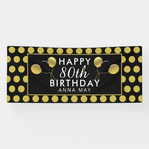 80th Birthday Black and Gold Polka Dots Name Banner