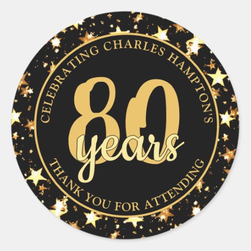 80th Birthday Black and Gold Stars THANK YOU Classic Round Sticker