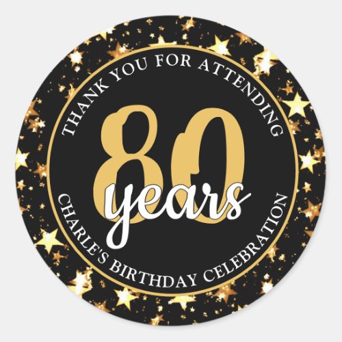 80th Birthday Black and Gold Stars THANK YOU Classic Round Sticker