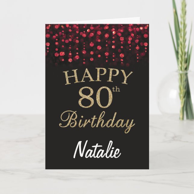 80th Birthday Black and Red Gold Glitter Card (Front)