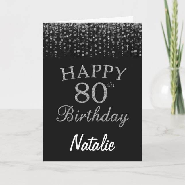 80th Birthday Black and Silver Glitter Card (Front)