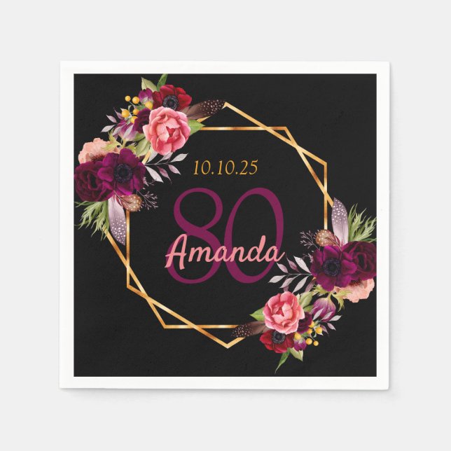 80th birthday black burgundy florals geometric napkins (Front)