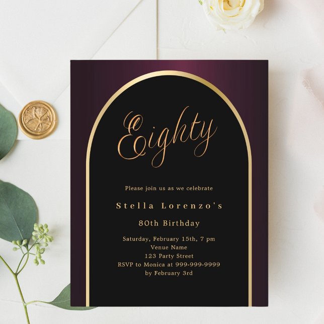 80th birthday black burgundy gold arch invitation (Creator Uploaded)