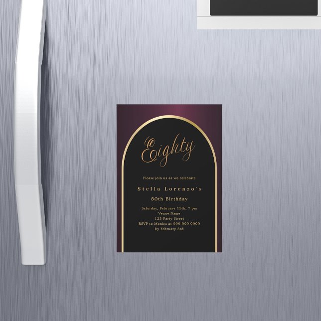 80th birthday black burgundy gold arch luxury magnetic invitation (Creator Uploaded)