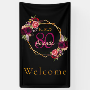 80th birthday black floral gold geometric burgundy banner