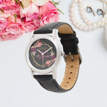80th Birthday Black Floral Gold Geometric Burgundy Watch by Thunes at Zazzle