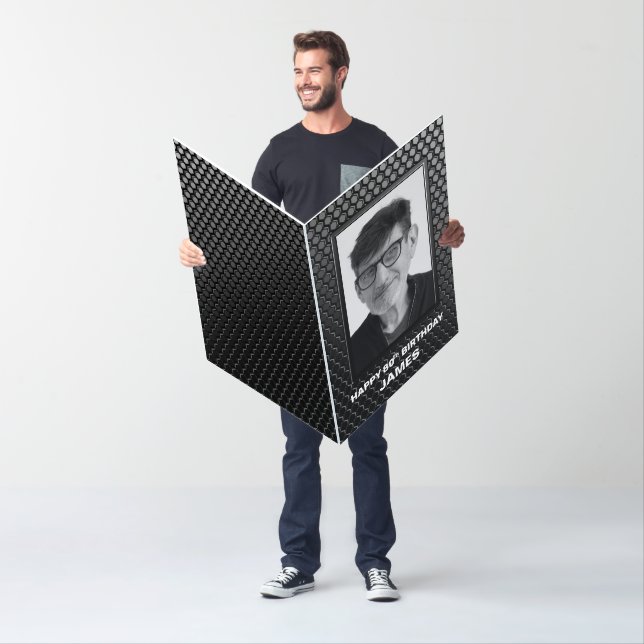 80th Birthday Black Geometric Pattern Custom Photo Card (In Situ)