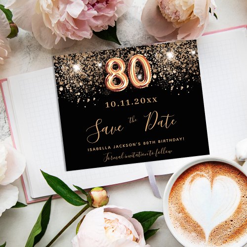 80th birthday black glitter budget save the date flyer