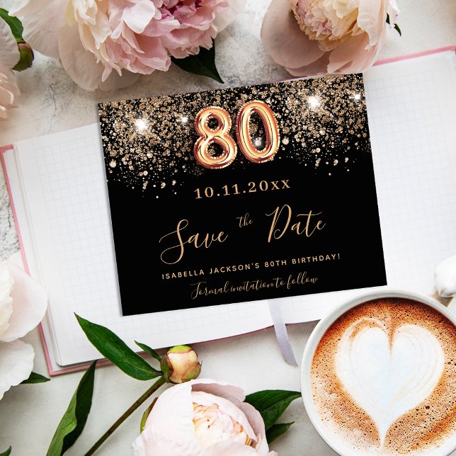 80th birthday black glitter budget save the date flyer (Creator Uploaded)