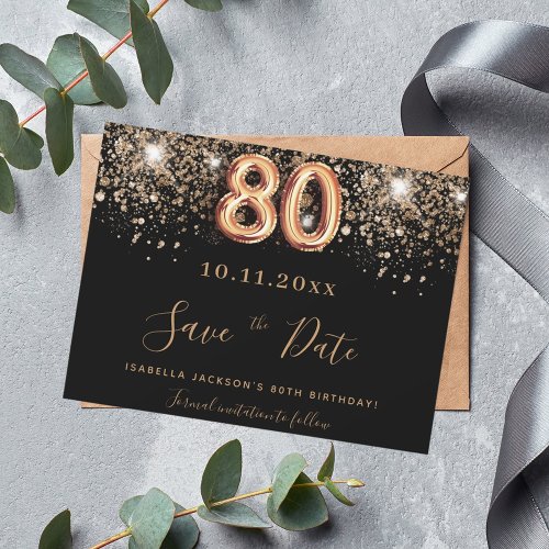 80th birthday black glitter save the date magnet