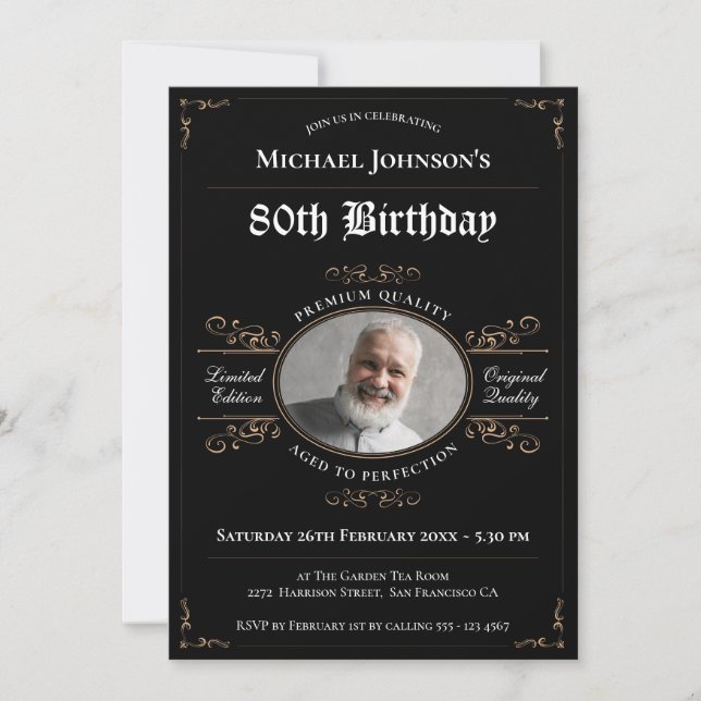 80th Birthday Black Gold Aged to Perfection Classy Invitation (Front)