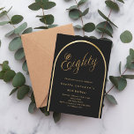 80th birthday black gold arch elegant script invitation<br><div class="desc">An elegant 80th birthday invitation.  A black background with a golden arch on the front.</div>