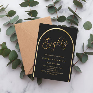 80th birthday black gold arch elegant script invitation