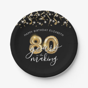 80th Birthday Black Gold Balloon Script Streamers Paper Plates
