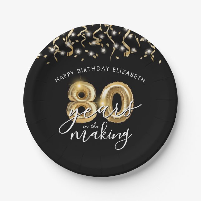 80th Birthday Black Gold Balloon Script Streamers Paper Plates (Front)