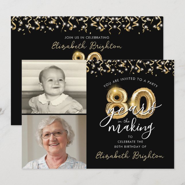 80th Birthday Black Gold Balloons 2 Photos Invitation (Front/Back)