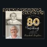 80th Birthday Black Gold Balloons 2 Photos Invitation<br><div class="desc">Invite guests to a birthday celebration 80 YEARS IN THE MAKING with this festive black and gold photo invitation featuring 2 pictures (perhaps then and now photos), gold balloon numbers, modern script typography and gold streamers and confetti and white string lights. Party invitation details are on the back side. ASSISTANCE:...</div>