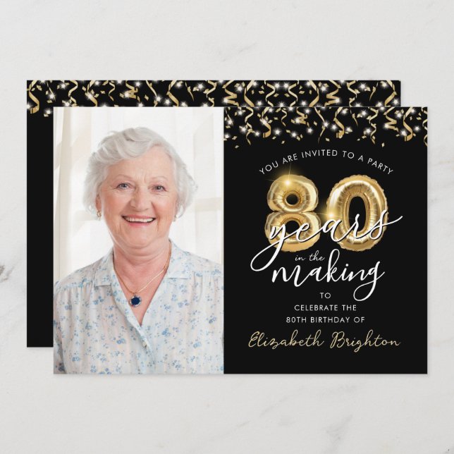 80th Birthday Black Gold Balloons One Photo Invitation (Front/Back)