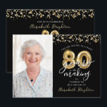 80th Birthday Black Gold Balloons One Photo Invitation<br><div class="desc">Invite guests to a birthday celebration 80 YEARS IN THE MAKING with this festive black and gold photo invitation featuring one picture, faux metallic gold balloon numbers, modern script typography and gold streamers and confetti and white string lights in your choice of background color (shown in black). Party invitation details...</div>