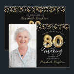 80th Birthday Black Gold Balloons One Photo Invitation<br><div class="desc">Invite guests to a birthday celebration 80 YEARS IN THE MAKING with this festive black and gold photo invitation featuring one picture, faux metallic gold balloon numbers, modern script typography and gold streamers and confetti and white string lights in your choice of background color (shown in black). Party invitation details...</div>