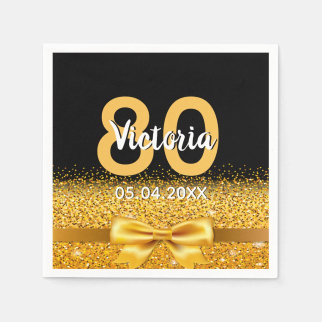 80th birthday black gold bow name napkins (Front)