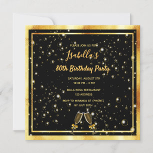 80th birthday black gold bubbles invitation