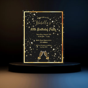 80th birthday black gold bubbles invitation postcard