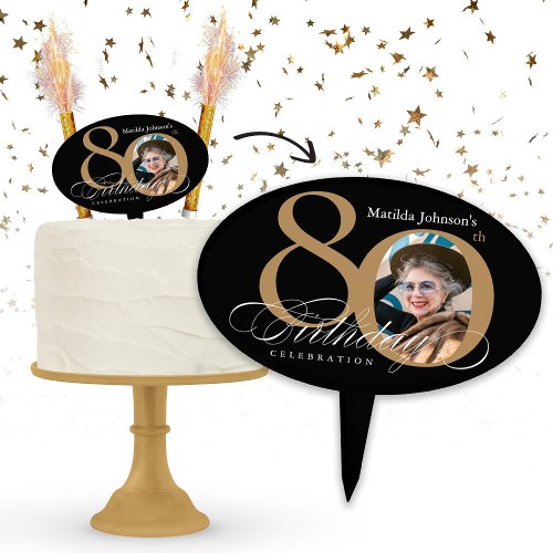 80th Birthday Black Gold Calligraphy Custom Photo Cake Topper