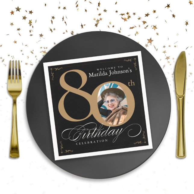 80th Birthday Black Gold Calligraphy Custom Photo Napkins (80th Birthday Black Gold Calligraphy Custom Photo Napkins)