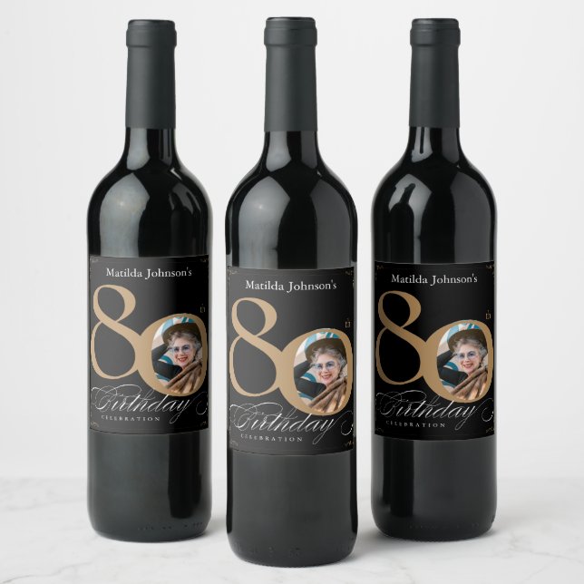 80th Birthday Black Gold Calligraphy Custom Photo Wine Label (Bottles)