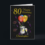 80th Birthday Black Gold Celebration Card<br><div class="desc">Happy birthday 80th age card. This bright card features an ice bucket with bottle of sparkling wine, flute glasses balloons, and confetti all on a black background with gold colored text. Can be customize for any age and title then personalize by amending the name and the message inside which currently...</div>